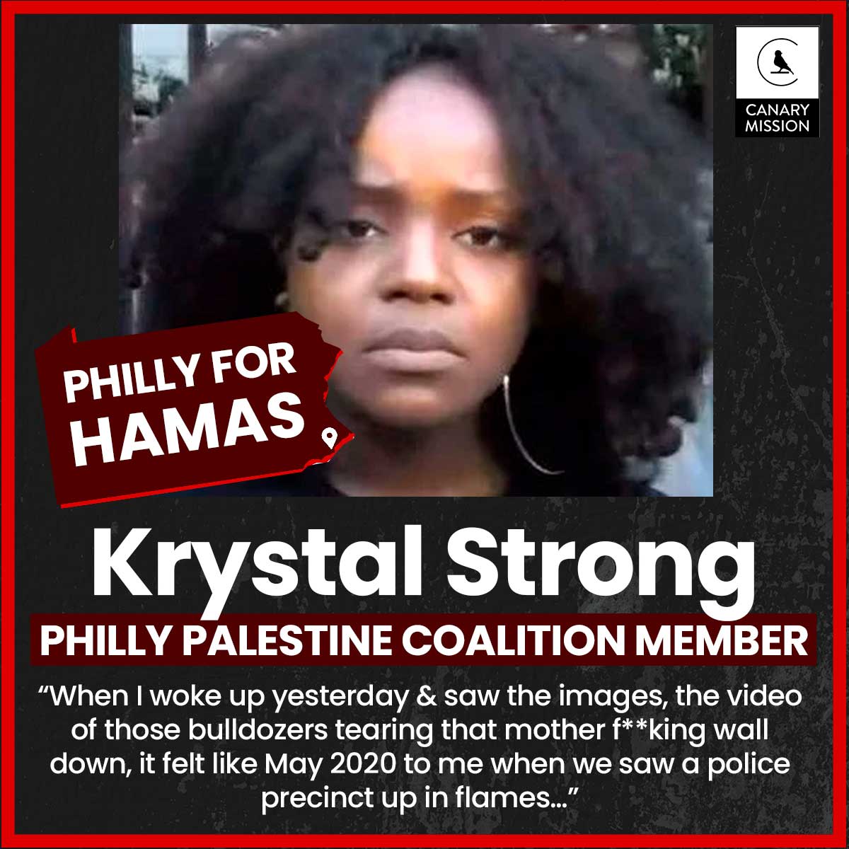 canarymission's tweet photo. 🔴 Krystal Strong, a prof @RutgersU, spoke at a rally Oct. 8, saying, “When I woke up yesterday &amp; saw the images, the video of those bulldozers tearing that mother f**king wall down, it felt like May 2020 to me when we saw a police precinct up in flames…” https://t.co/1FBj49Tsiw https://t.co/q2ggyB5PaH