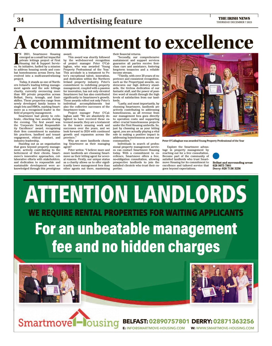 Our feature in yesterdays Irish news covering our recent successes at this year's @propertypal awards @FHASSNI