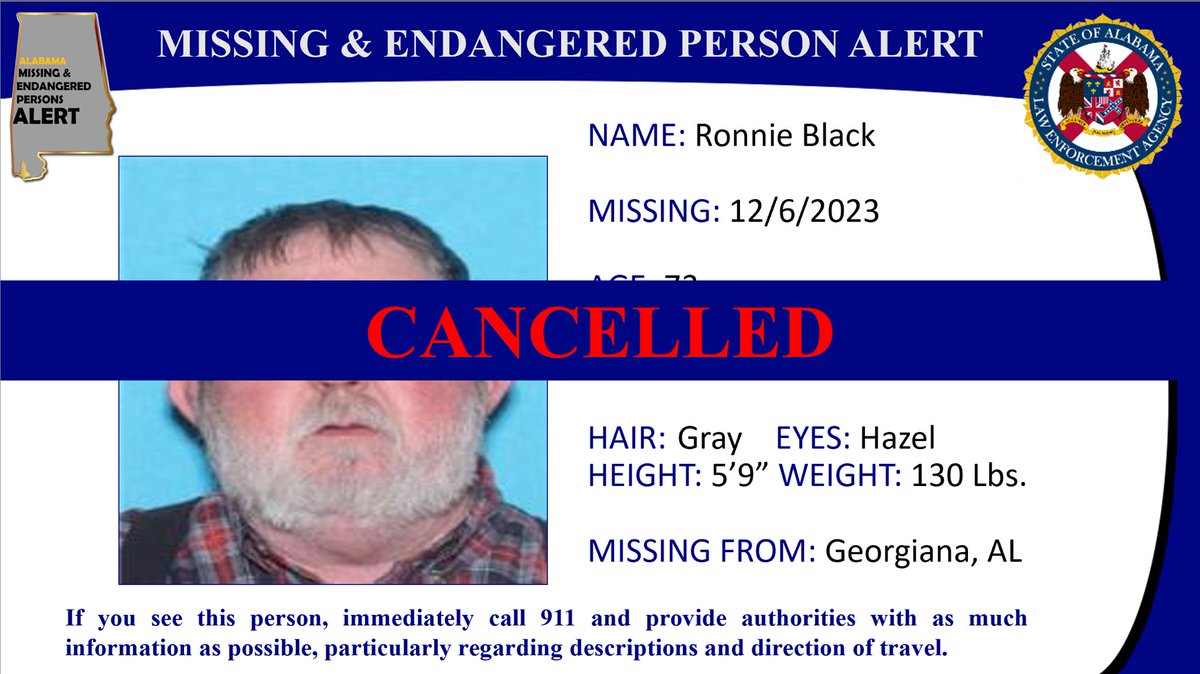 ALEA has cancelled a MISSING PERSON ALERT. Please Share.