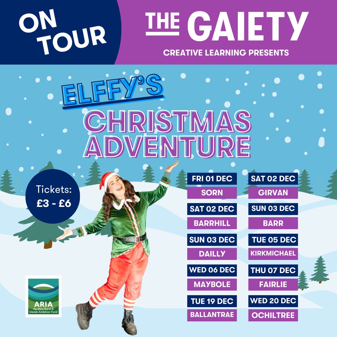 On Tour Now!

A brand new show by Gaiety Creative Learning touring across Ayrshire.

🧝 Elffy's Christmas Adventure 🛷
📅 December 2023
🎫 bit.ly/3MgbDRu

Join our three Elves who need your help!

#christmasadventure #interactive #creativelearning #whatsonayrshire