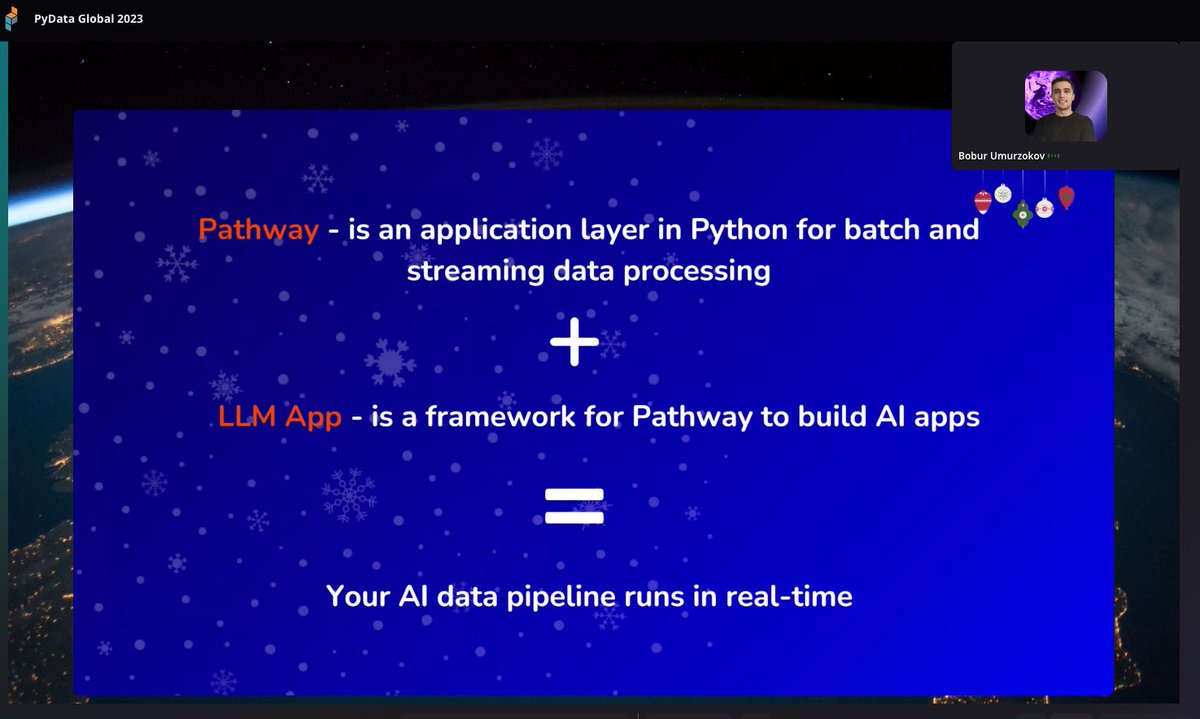 abilardi's tweet image. Thank you for @BoburUmurzokov your talk &quot;Build AI-powered data pipeline without #VectorDatabases&quot;

by #LLMApp with #PromptEngineering and #streamlit

@PyDataGlobal #2023 #GenerativeAI #framework
github.com/pathway-labs/d…