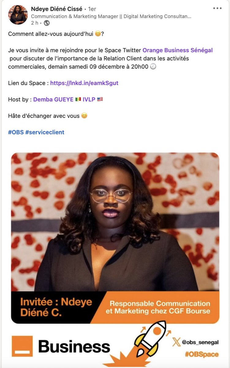 J'apprécie ce type d'exercices durant lesquels des professionnels discutent ouvertement sur des aspects aussi importants de leur métier. 

Ce sera donc pour moi un réél plaisir de recevoir Mme Ndeye Diéné Cissé <a href="/CisseDiene/">Léboue&Seerer🧡🇸🇳</a> sur ce Space d'<a href="/obs_senegal/">Orange Business Sénégal</a>, pour discuter autour du