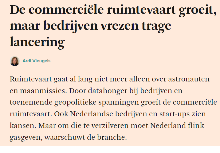 Er liggen commerciële kansen in de ruimtevaartsector maar Nederland moet wel gas geven om niet achterop te raken. Kees Buijsrogge, directeur #TNOSpace, sprak erover met Ardi Vleugels van @FinancieeleDagblad. > tno.social/pF @Airbus_NL @FSOinstruments @Spacened