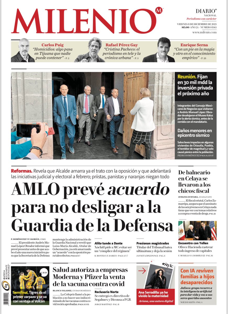 ¡Viernes! Ya vamos cerrando la semana y hoy en la edición nacional de <a href="/Milenio/">Milenio</a>:
Tras la muerte del bloque de contención, el presidente prevé acuerdo para no desligar la Guardia Nacional de Sedena. <a href="/PedroDFajardo1/">Pedro</a> y <a href="/fer_damian/">Fernando Damián</a> 
Se profundiza crisis en el tribunal electoral por la
