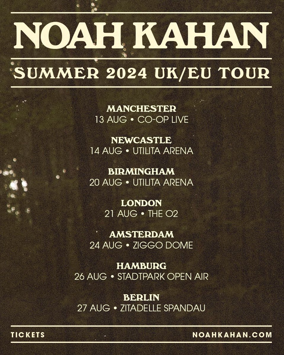 Bringing my band and my really really impressive British accent back to the UK and EU this summer! Presale tickets will be available Monday, December 11th at 9am GMT / 10am CET - sign up for your presale code on my laylo. laylo.com/noahkahan/m/su…