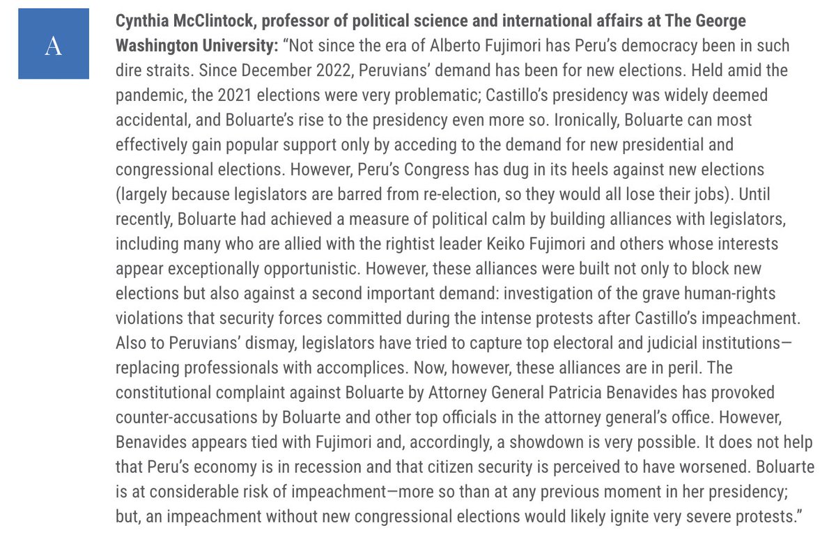 WillGFreeman's tweet photo. "Not since the era of Alberto Fujimori has Peru’s democracy been in such dire straits."

Read Cynthia McClintock, Julio Carrión, and others on Peru one year after Castillo's self-coup and impeachment: https://t.co/n5ZNSFIcqa https://t.co/Pis6DZoxVu