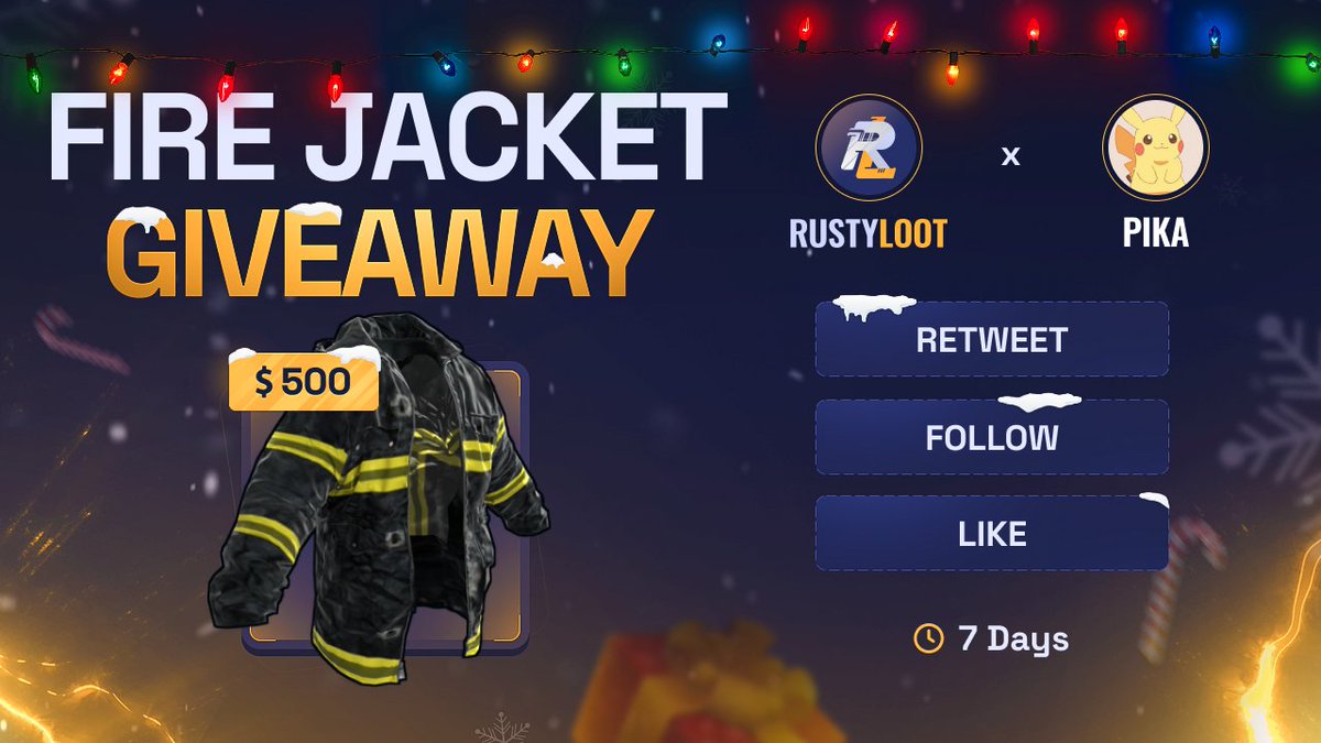 PikaGambles's tweet photo. 🚨 $500 FIRE JACKET GIVEAWAYYY 🚨

TO ENTER :

➡️  Follow @PikaGambles &amp; @RustylootGG 
➡️  Like &amp; RT
➡️  Tag 2 Friends

Winners rolled in 7 Days⏰

#RustGiveaways #RustGiveaway #Rust https://t.co/txiOwhhCFZ