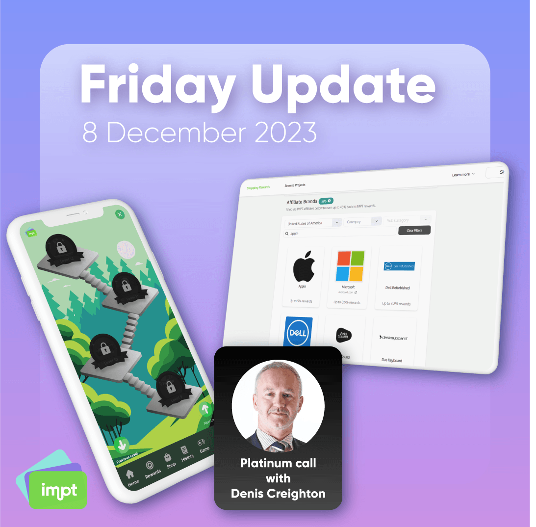 IMPT_token's tweet photo. IMPT Weekly Update - Dec 08, 2023: : Elevating the Shopping Experience, Platinum Excitement, and New Retailers Unveiled! #IMPTWeeklyUpdate #ElevateShopping #PlatinumExcitement #NewRetailersUnveiled #JoinTheMovement 🚀 https://t.co/77uC1s8B1G