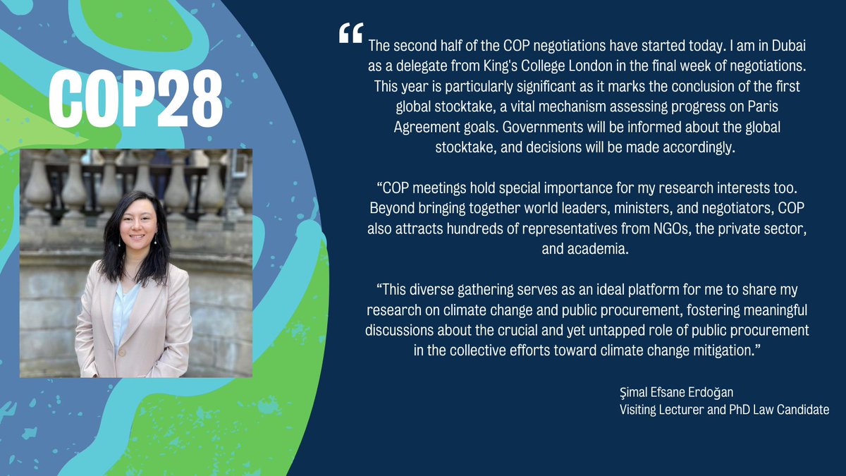 The second half of the COP28 negotiations have now started. 🌍

Visiting lecturer and Law PhD candidate Şimal Efsane Erdoğan (<a href="/simalefsane/">Şimal Efsane Yalçın-Erdoğan</a>) shares how #COP28  serves as an ideal platform to share her research on climate change and public procurement. ⬇️