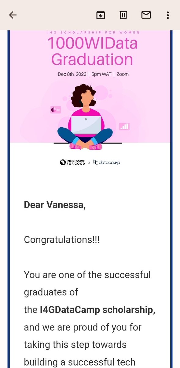 nessa_ndikom's tweet photo. Sooo, it's our graduation day today. 😊

Thank you @Ingressive4Good and @DataCamp for providing me this opportunity. Since that day in June I recieved that email, my life has changed so much. 🥹

#baeintech
#1000WomeninData https://t.co/kKEX2pTTXg