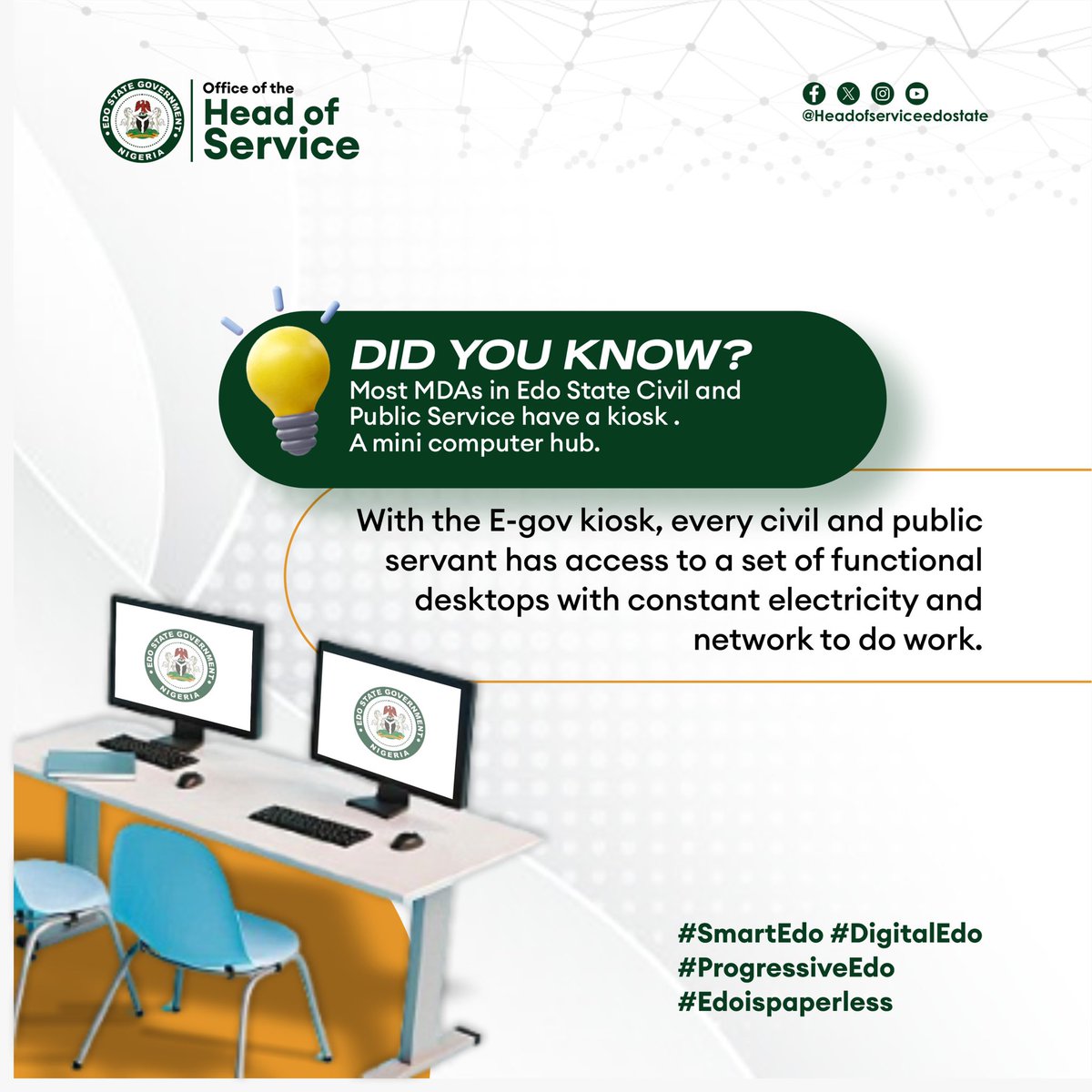 Today, there are Egov kiosks stationed in many MDAs in Edo State Civil and Public Service. With the Egov kiosk, Civil and public servants have access to desktop computers and the internet to do work. 

#Edoispaperless #Egov #Edogov #SmartEdo #DigitalEdo
