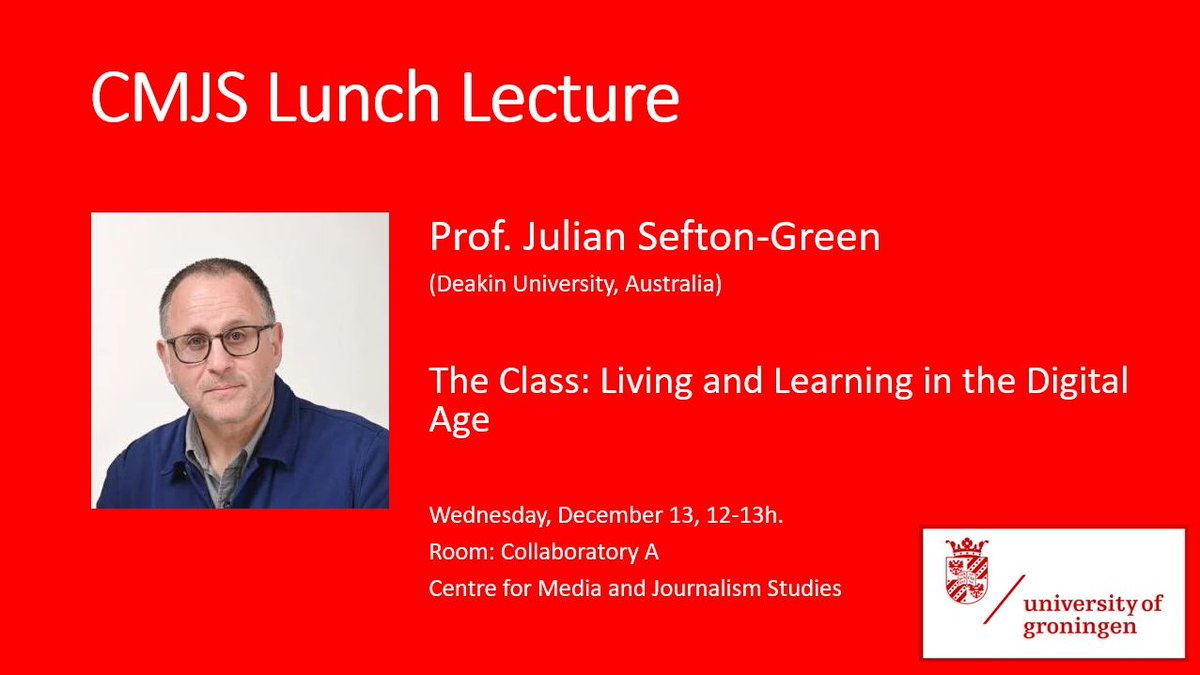 mjbroersma.bsky.social (@mjbroersma) on Twitter photo Next Wednesday, prof. @seftongreen (<a href="/Deakin/">Deakin University</a>) will do our <a href="/univgroningen/">University of Groningen</a> CMJS lunch lecture. He will be reflecting on a year–long ethnography into the ‘learning lives’ of 13-14 year olds in London published as The Class: Living and learning in the Digital Age, w/ <a href="/Livingstone_S/">Sonia Livingstone</a> Next Wednesday, prof. @seftongreen (<a href="/Deakin/">Deakin University</a>) will do our <a href="/univgroningen/">University of Groningen</a> CMJS lunch lecture. He will be reflecting on a year–long ethnography into the ‘learning lives’ of 13-14 year olds in London published as The Class: Living and learning in the Digital Age, w/ <a href="/Livingstone_S/">Sonia Livingstone</a>