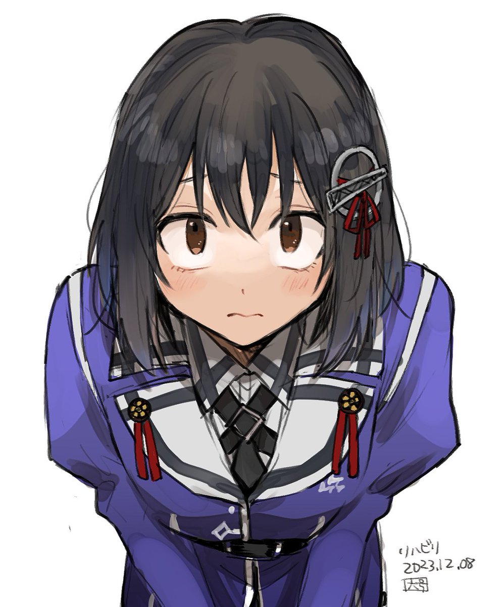 haguro (kancolle) 1girl solo black hair hair ornament brown eyes white background military  illustration images