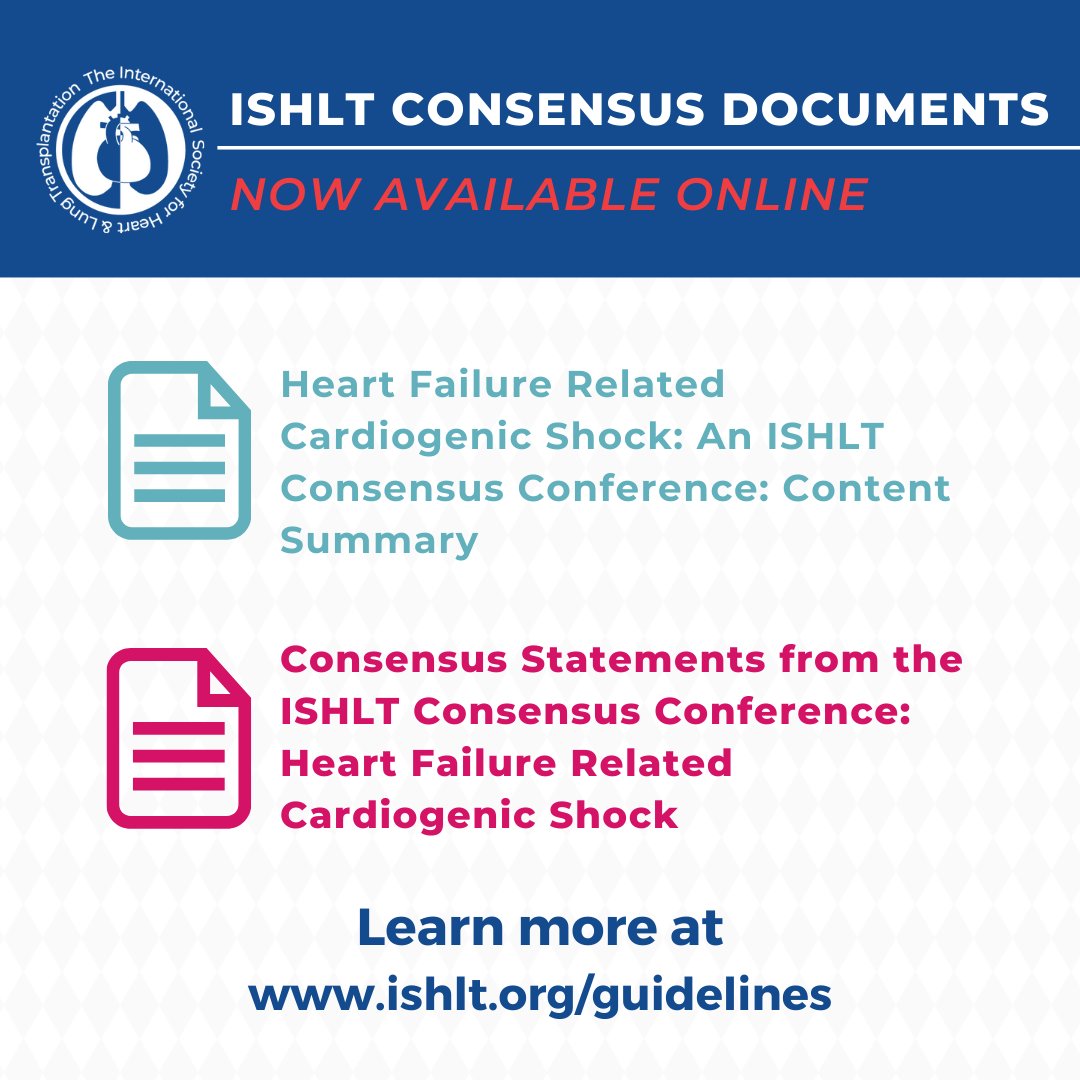📢 Two NEW #ISHLTConsensusDocuments on #CardiogenicShock are now available online at 🔗 bit.ly/41gJdx6. Check out the top five takeaways from these documents in the thread below. ⏬🫀
