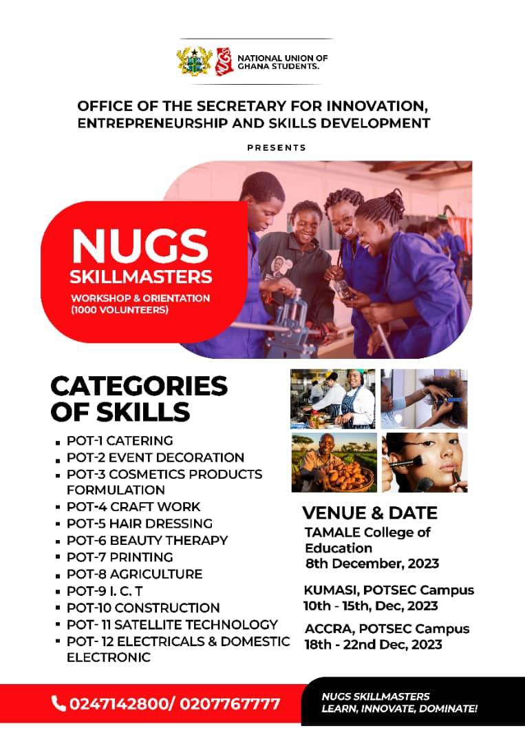 NUGS_National's tweet photo. NUGS SKILLMASTER

The office of the Secretary for Innovation, Entrepreneurship and Skills Development present; NUGS SKILLMASTERS.

The NUGS Skillmasters Workshop and Orientation is an excellent opportunity for individuals to gain valuable skills in various fields.

Stay tuned! https://t.co/DNM1ydUJjv