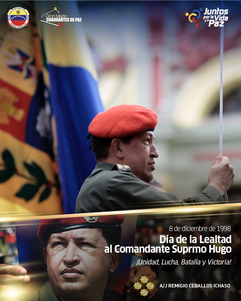 #8DIC || Somos Leales a nuestro Cmdte. Supremo Hugo Chávez, a tu legado, que está vivo en el corazón del Pueblo venezolano, tu grandeza y firmeza nos guía, para resistir y vencer frente a cualquier enemigo. La unión  nos dará la Victoria y el renacer de la Patria! Venceremos!