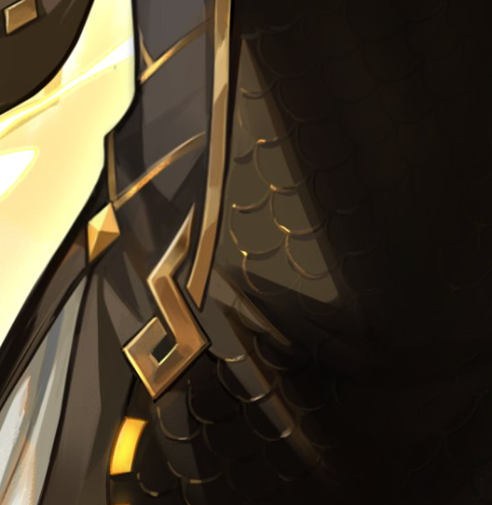 slushy_sash's tweet photo. Spent a lot of time staring at this artwork (i swear im normal) so i noticed a few things:
-he's wearing a different style of earring
-his shoulder guards have scratches &amp; looks battered
-scales detail on his robe https://t.co/UTpEG4aLRb