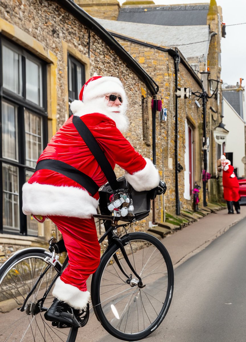 Daren68's tweet image. Inspired by the Goldstone @OSRBikeTrain featuring Cycling Santa next Friday 15th.  I asked Adobe Firefly AI to show me Father Christmas cycling in Hove (&amp;amp; variations).  Here&apos;s what it came up with, what do you think?  Vote for your favourite. @Bricycles @NickSayers @BATBrighton