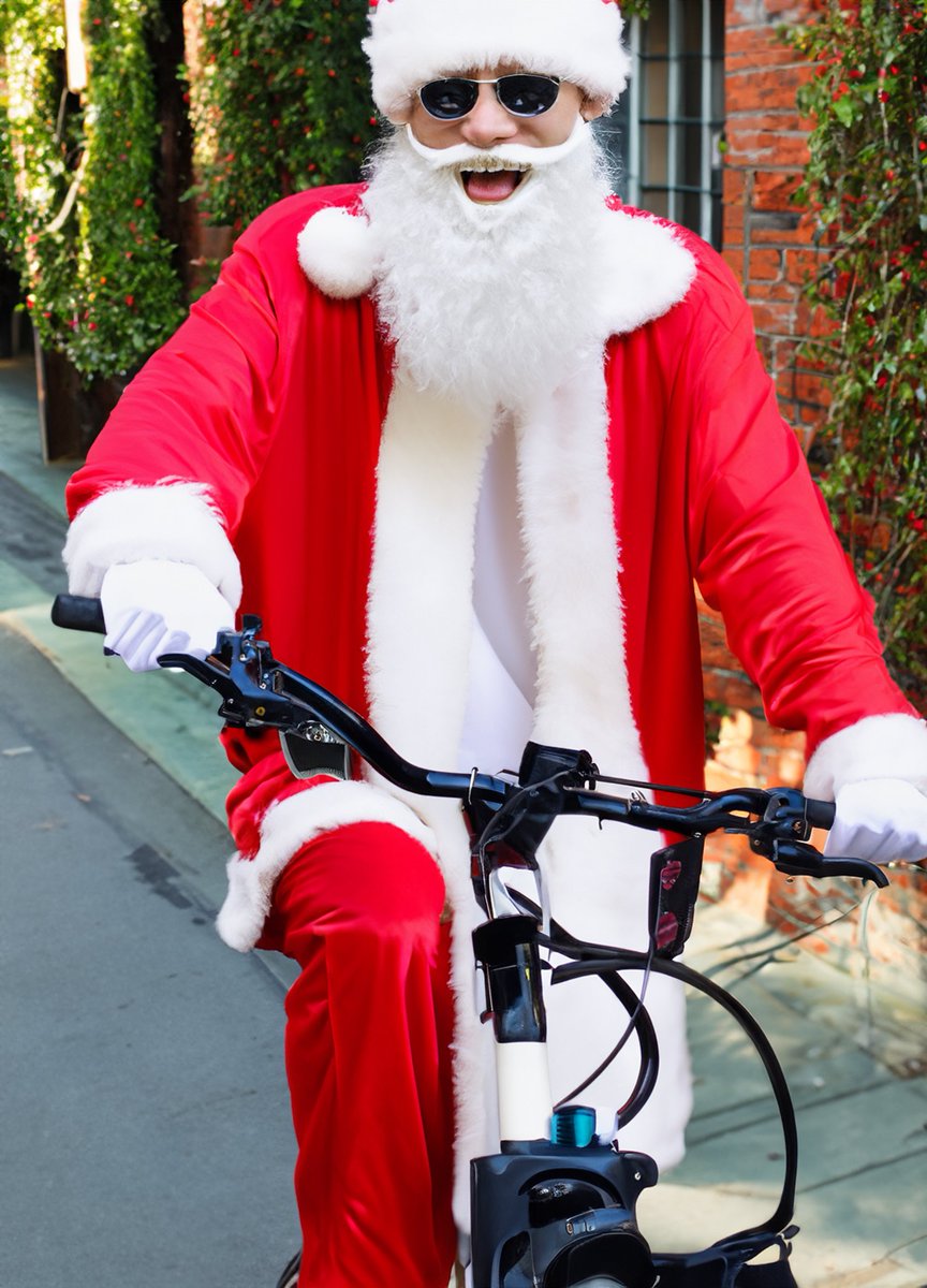 Daren68's tweet image. Inspired by the Goldstone @OSRBikeTrain featuring Cycling Santa next Friday 15th.  I asked Adobe Firefly AI to show me Father Christmas cycling in Hove (&amp;amp; variations).  Here&apos;s what it came up with, what do you think?  Vote for your favourite. @Bricycles @NickSayers @BATBrighton