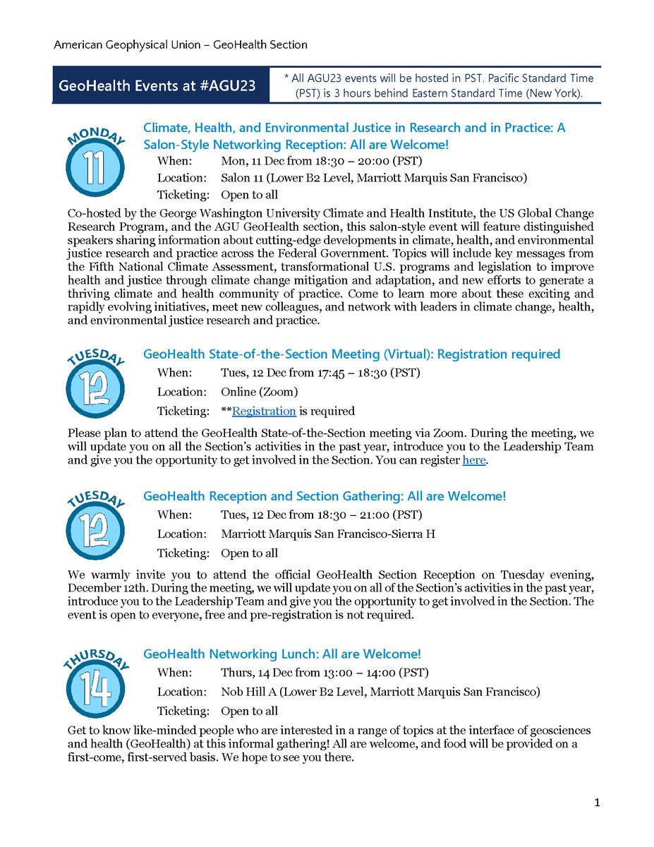 Join our #GeoHealth events @ #AGU23!

- Monday, Dec 11: Network Reception on Climate, Health, and Environmental Justice in Research and in Practice;
- Tuesday, Dec 12: GeoHealth State-of-the-Section Meeting, Reception, and Section Gathering
- Thursday, Dec 14, Networking Lunch!