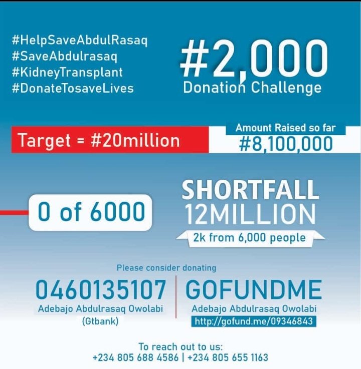 Herbmer's tweet image. #HelpSaveAbdulRazaq #2kChallenge #Twothousandnairachallenege... 2k from 6000 individuals will complete this fundraising, let's help to save Abdulrazaq.
Name - Adebajo Abdrazaq Owolabi
Account - 0460135107
Bank - GT Bank
Gofundme - gofund.me/09346843

#earthquake #earthquake
