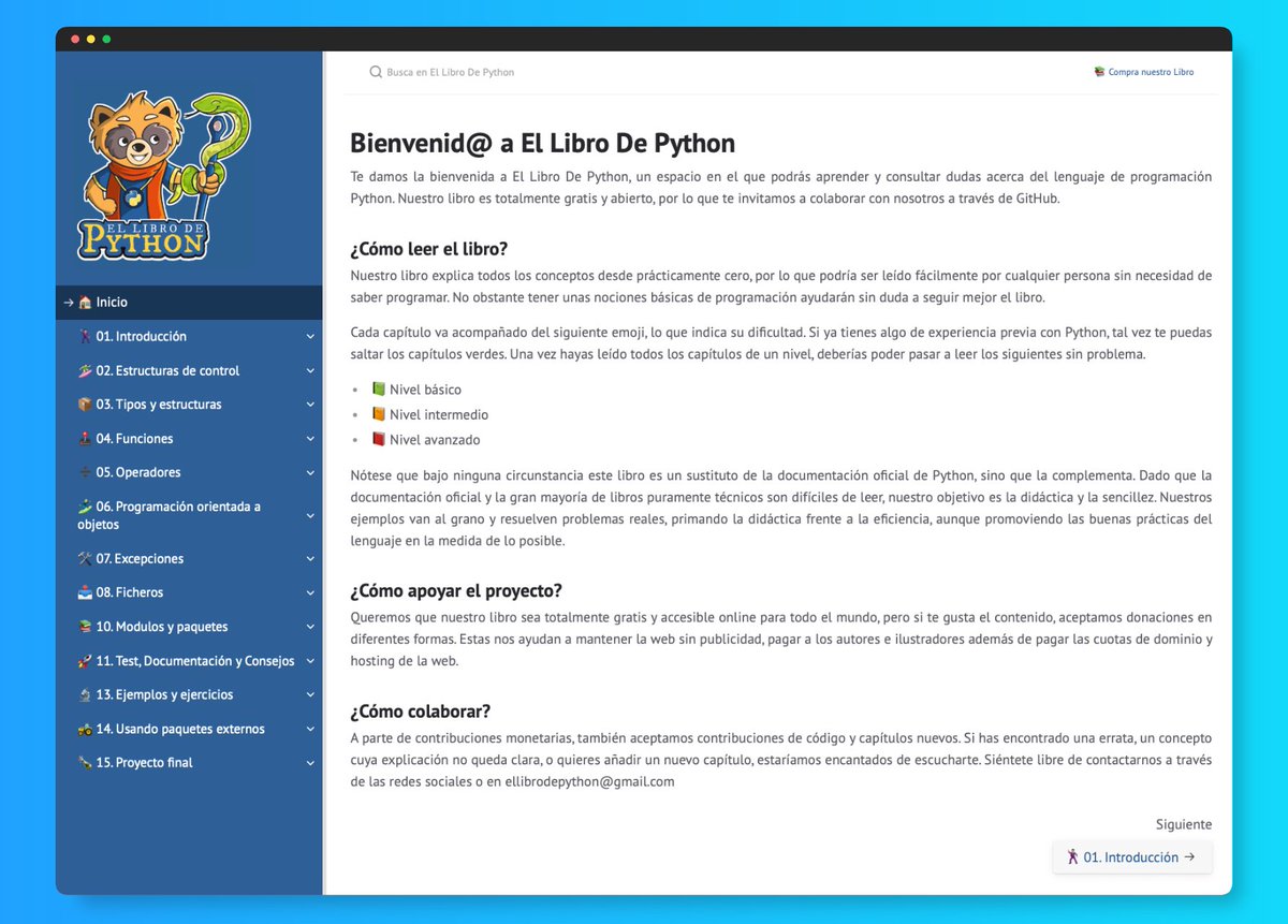 MoureDev's tweet image. Libro gratis para aprender Python desde cero 🐍

15 lecciones paso a paso:

1. Introducción
2. Control
3. Estructuras
4. Funciones
5. Operadores
6. POO
7. Excepciones
8. Ficheros
10. Modulos
11. Test
13. Ejercicios
14. Paquetes externos
15. Proyecto

ellibrodepython.com