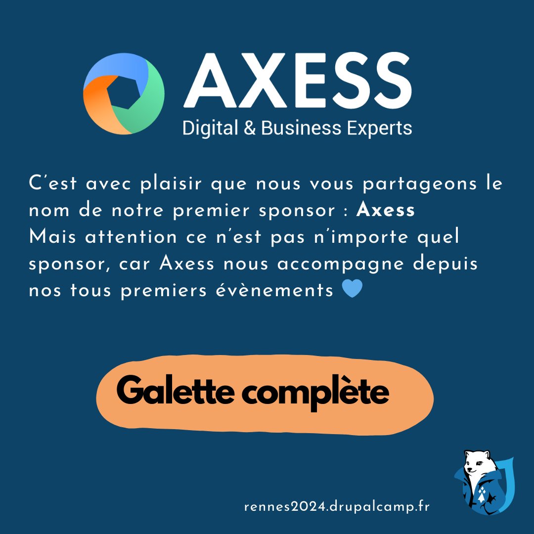 C'est avec un grand plaisir que nous vous partageons le nom de notre premier sponsor officiel pour ce camp <a href="/AxessGroupe/">Axess</a> merci pour ce soutien sans limite à nos événements #drupalfr #drupalcamp #opensource #conference