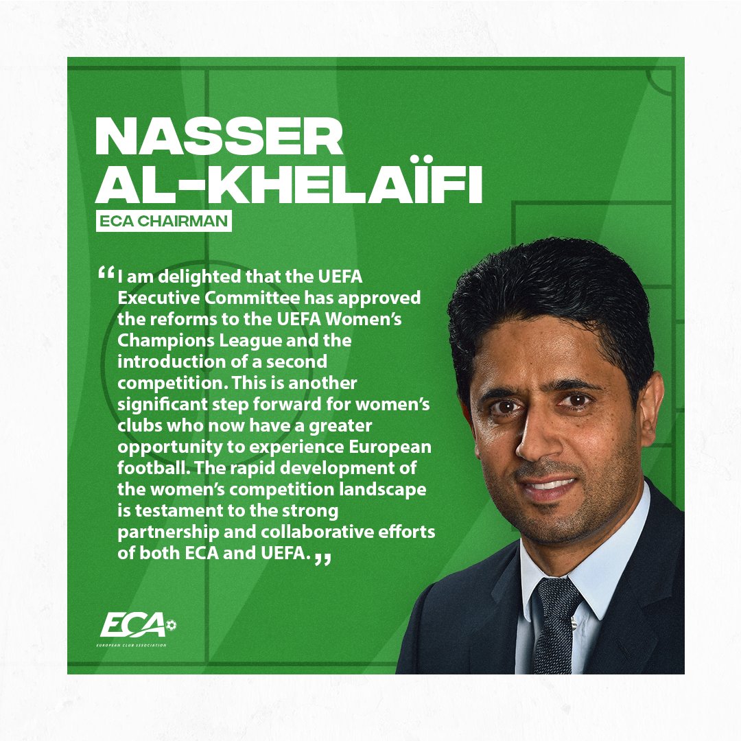 EFC_Football's tweet image. Nasser Al-Khelaïfi, ECA Chairman, highlights the increased opportunity for women's clubs to experience European football, thanks to the strong partnership and collaboration between ECA and UEFA. 🤝

🔗 ecaeurope.com/news-media-rel…

#BeAChangemaker #WeAreECA #HeartofFootball
