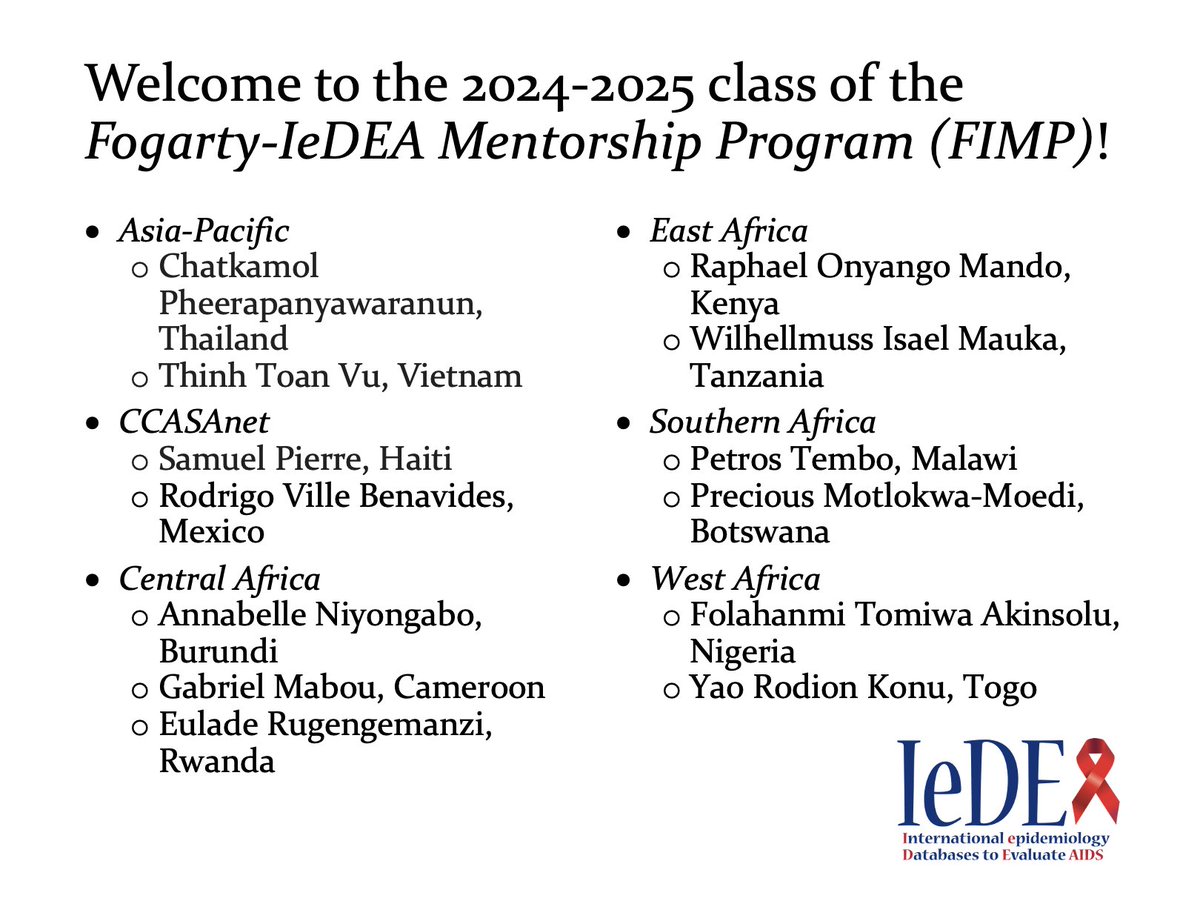iedeaglobal's tweet photo. 📢 We are excited to announce our new class of 13 Fogarty-IeDEA Mentorship Program trainees!
Our regional data centers look forward to working with you on our #HIV cohort research 
🇹🇭🇻🇳🇭🇹🇲🇽🇧🇮🇨🇲🇷🇼🇰🇪🇹🇿🇲🇼🇧🇼🇳🇬🇹🇬 
@Fogarty_NIH #D43 @NIAIDNews https://t.co/2ImJX34kNt