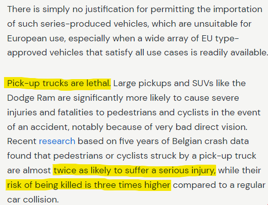 FuckCarsReddit's tweet photo. Nice, the EU will soon be voting to ban oversized and dangerous American-style pickup trucks from being imported. 
https://t.co/zLOBzQ7im1 https://t.co/xElpUcXdF4