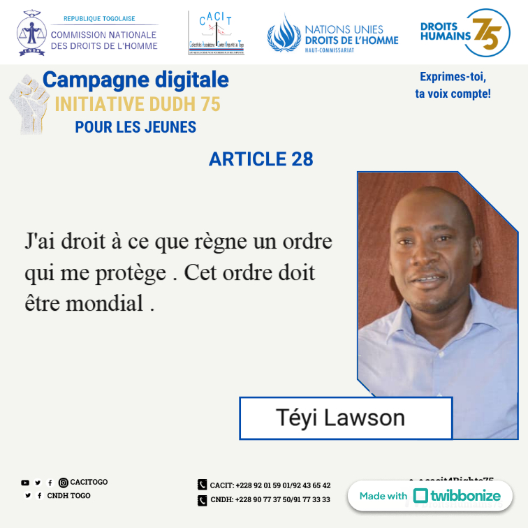 AurelioTeyi's tweet photo. 28ème journée de la campagne digitale DUDH75 Découvrons l'article 19 de la DUDH
@CndhTogo,@cacit_togo,@ONU_Droits_BRAO
#TOGO, #Afriquedelouest, #CACIT ,#CNDHTOGO #cacit4Rights75 #OHCR, #DUDH75, #SNUTOGO #CNDH_TOGO75 #Droitshumains75 #Standup4HumanRights https://t.co/vKSzZA55uw
