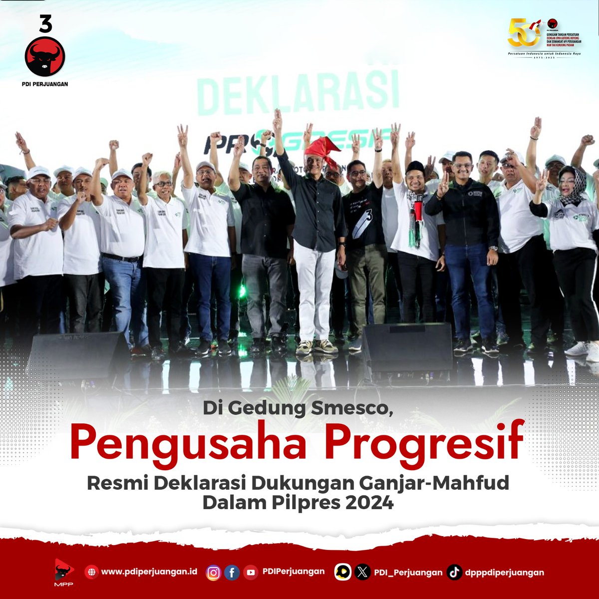 PDI_Perjuangan's tweet photo. Pengusaha Progresif Secara Resmi Deklarasi Dukung Ganjar-Mahfud

Pengusaha yang tergabung dalam Program Gotong Royong untuk Ekonomi Sejahtera dan Inklusif (Progresif) secara resmi mendeklarasikan dukungan untuk pasangan calon presiden-wakil presiden nomor urut tiga Ganjar Pranowo-Mahfud Md dalam Pemilu Presiden (Pilpres) 2024.

Direktur Nasional Progresif Eka Sastra mengatakan Indonesia dapat mencapai keunggulan dan kesejahteraan melalui tata kelola pemerintahan yang baik dan diyakini dimiliki Ganjar-Mahfud karena punya pengalaman dalam dunia pemerintahan.

Ganjar Pranowo optimistis relawan progresif dapat bergerak lebih cepat dalam menanggapi masalah yang kerap dikeluhkan masyarakat, terutama terkait pendapatan rendah dan ketersediaan lapangan pekerjaan.

#PDIPerjuangan
#GanjarUntukSemua
#GanjarPresiden
#MEnangkanGAnjar
#GanjarMahfud
#GanjarMahfud2024