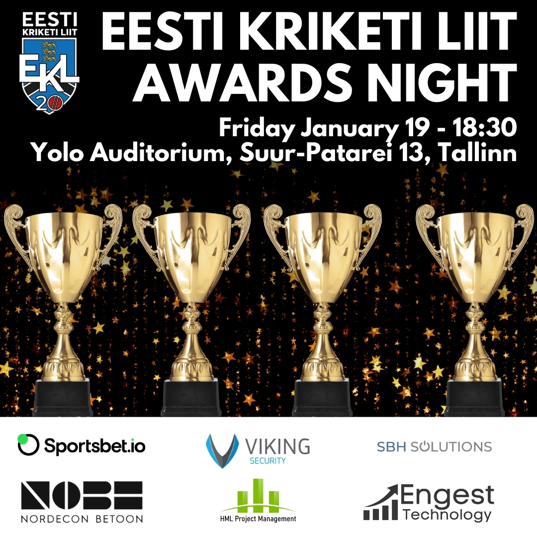 The EKL 2023 Awards night will be held on January 19th, at Yolo, Suur-Paterei 13, Starting at 18:30.

There will be awards presented for all 2023 Domestic Leagues as well as the Men's and Women's National Team.

All members of EKL are invited

#estonia #cricket #eesti #kriket