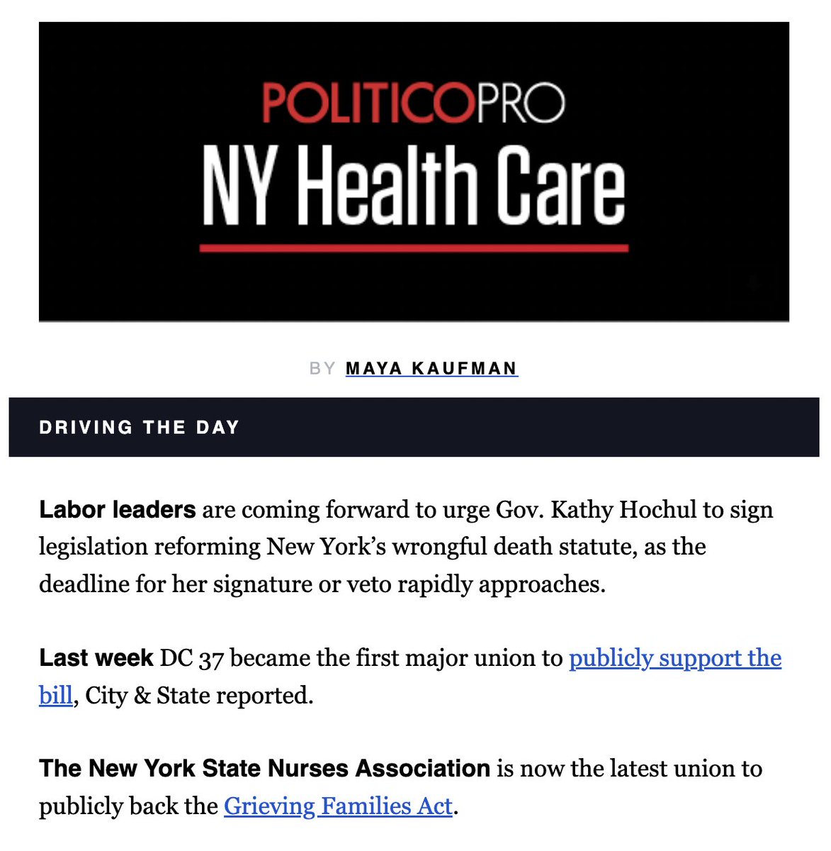 NYSTLA's tweet photo. “The costs of actions that result in a wrongful death should be borne by the responsible party, not the family that has had its loved one taken away.” - Pat Kane, @nynurses Executive Director @politico. @GovKathyHochul sign the #GrievingFamiliesAct https://t.co/FnNJgVuS47 https://t.co/sbB1CrW7DL