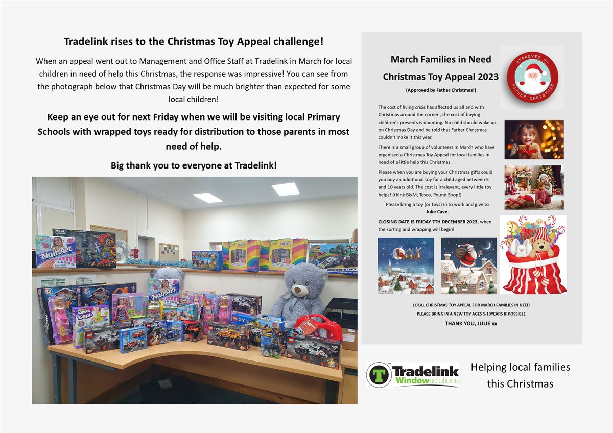 Local Christmas Toy Appeal 2023!
A big well done to everyone involved here at Tradelink Direct Limited. A great effort from both Management and Staff. Just look at all these fabulous toys!