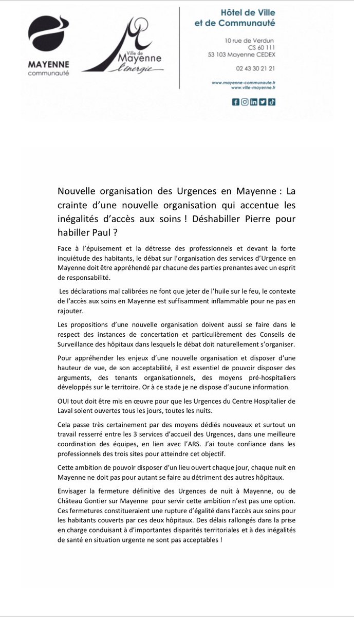 Nouvelle organisation des Urgences en Mayenne : mon communiqué de presse