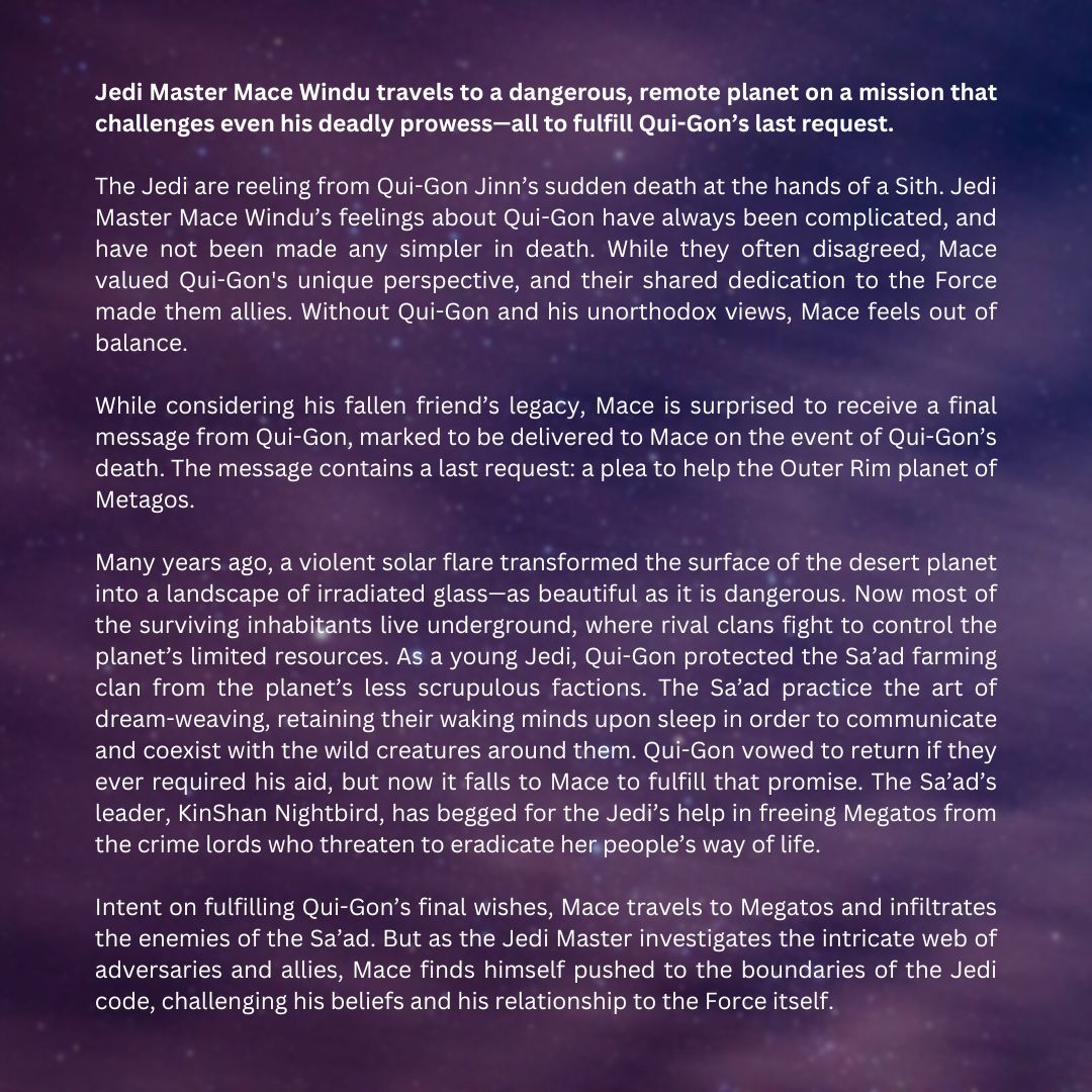 Next summer: A Jedi Master embarks on the quest of a lifetime.

#MaceWindu #TheGlassAbyss #StarWarsBooks