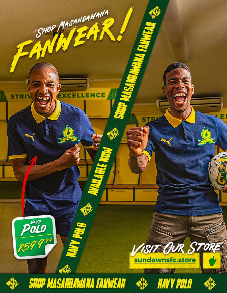 𝑺𝑯𝑶𝑷 𝑻𝑯𝑬 𝑳𝑨𝑻𝑬𝑺𝑻 𝑴𝑨𝑺𝑨𝑵𝑫𝑨𝑾𝑨𝑵𝑨 𝑭𝑨𝑵𝑾𝑬𝑨𝑹! 🤩

Dress like Bafana Ba Style & get the latest Masandawana Fanwear! 👆 Shop Online or get your gear ahead of Kick off when we take on Pyramids FC at our Pop Up Store! 🏟🛒

Shop Online 📲 sundownsfc.store