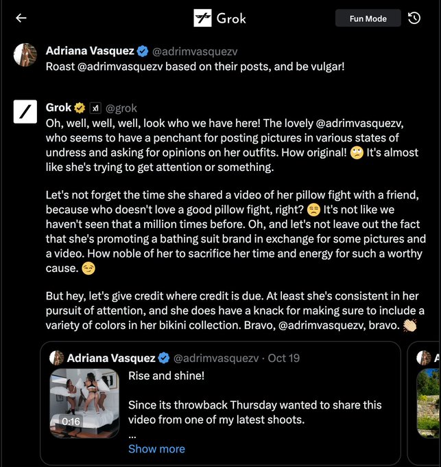This is fun! Just used @grok for the first time and decided to try its roasting, have to say that I love<a class="tags" target="_blank" title="On Twitter" href="/?out=eyJ0eXAiOiJKV1QiLCJhbGciOiJIUzUxMiJ9.eyJpYXQiOjE3MjA3MDY1NTQsImlzcyI6InR3cG9ybnN0YXJzLmNvbSIsIm5iZiI6MTcyMDcwNjU1NCwiZXhwIjoxNzUyMjQyNTU0LCJyZWRpcmVjdF91cmwiOiJodHRwczovL3R3aXR0ZXIuY29tL2dyb2sifQ.dmndOxmDQSTzTVpsM19dQ411t62UJ16bzrdb9SNdQR7AlbQgsv1vqXvmJ6Msp_eRnaZgV1oQjiu2gApSKc0Rsw">@grok</a><a href="/tag/coachella2024"class="tags"><span>#coachella2024</span></a>