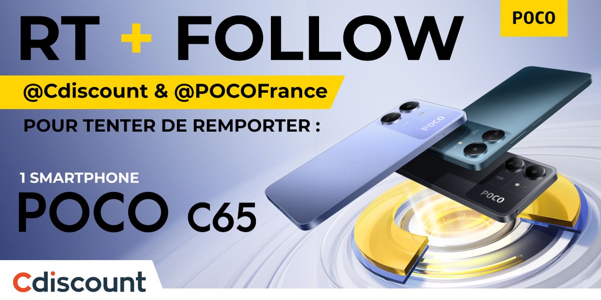 🎁 #Concours 

🟡 Tentez de remporter le POCO C65 de Xiaomi 
👉 bit.ly/3RhaP0o

🔶 Pour cela  :
RT + FOLLOW <a href="/Cdiscount/">Cdiscount</a> et <a href="/POCOFrance/">POCO France</a> 

🍀 TAS le 14/12