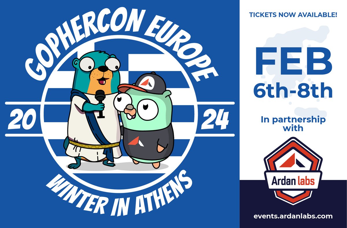 🚀Exciting times ahead gophers! We're delighted to unveil that we are joining forces with @gopherconeu to partner in hosting a winter edition in Athens, Greece! 🇬🇷 🗓️Mark your calendars now for: GopherConEU Winter Edition in Partnership with @ardanlabs from February 6th - 8th,…