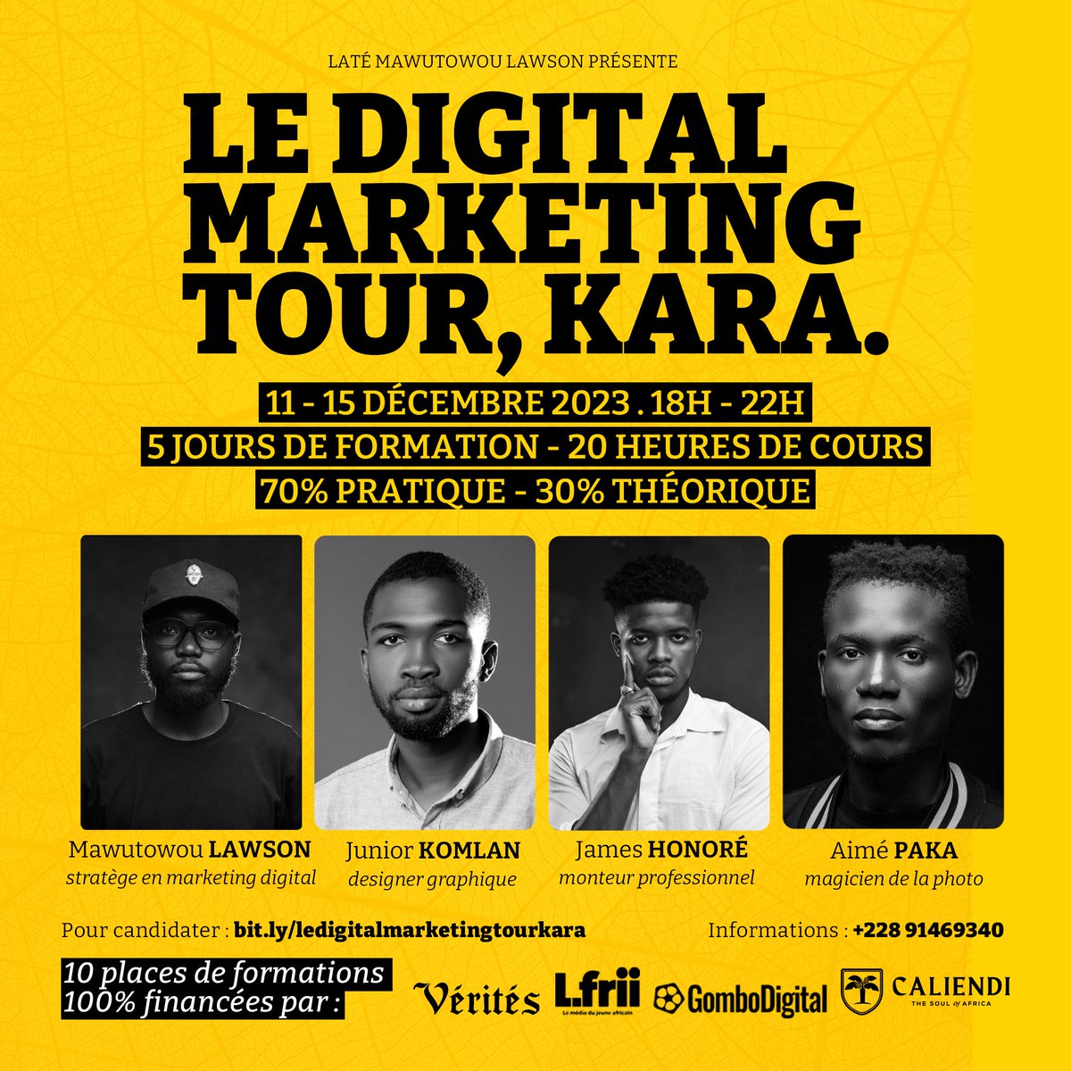 Je l'ai promis à la ville de Kara, j'amène le gang avec la bénédiction de <a href="/LfriiMedia/">L-frii</a>, <a href="/gombodigital/">GomboDigital</a>, <a href="/veritesmedia/">Vérités</a> et <a href="/CaliendiLiqueur/">Nous sommes le Togo ! 🇹🇬</a> pour le réaliser !

Rendez-vous du 11 au 15 Décembre à ISM ADONAI KARA pour 20 heures de cours !

J'ai très très hâte !