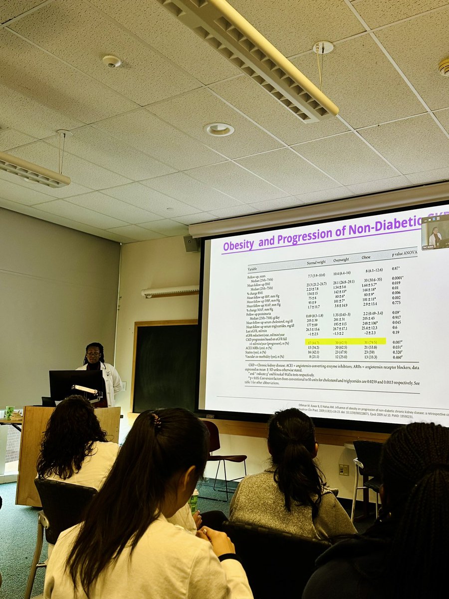 First year fellow Dr. @Saieda_Alleyne making us proud presenting her 1st Renal Rounds with so much poise & knowledge on “Obesity & Kidney Disease: Old Problem, New Solutions”. A lot learned about physiology, therapies, & specific considerations with transplant & ESKD. Well done!