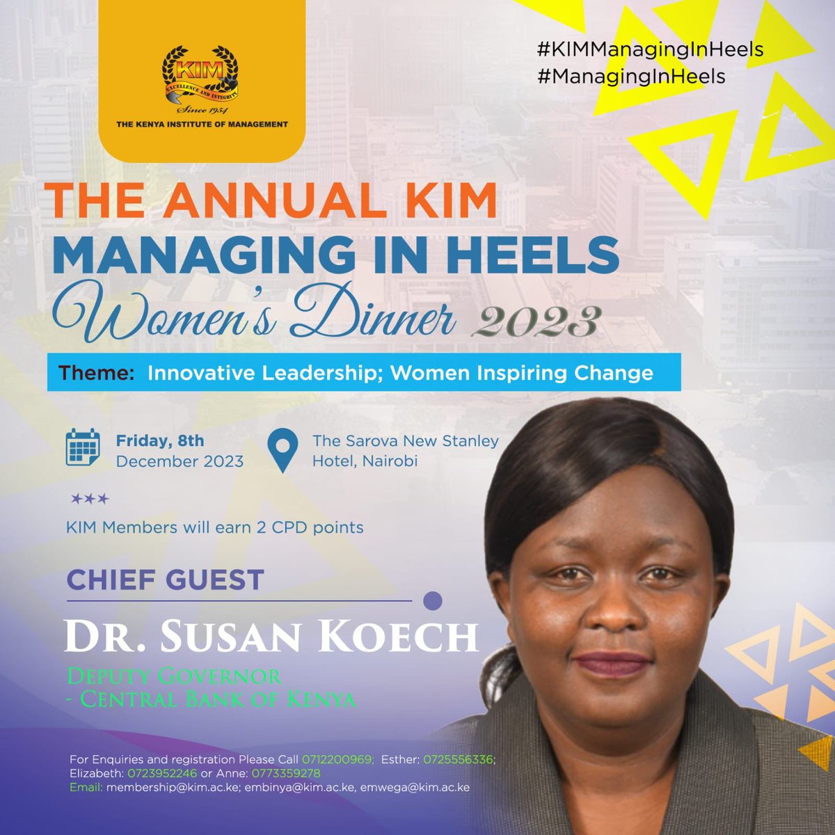 🌟 Ladies, welcome to an evening of empowerment! The Managing in Heels Women's Dinner is just about to start at @SarovaStanley 🌃✨ Join us for this event featuring Dr. Susan Koech, Deputy Governor of the @CBKKenya #ManaginginHeels #MIH2023 @MuriithiNdegwa @amaya001