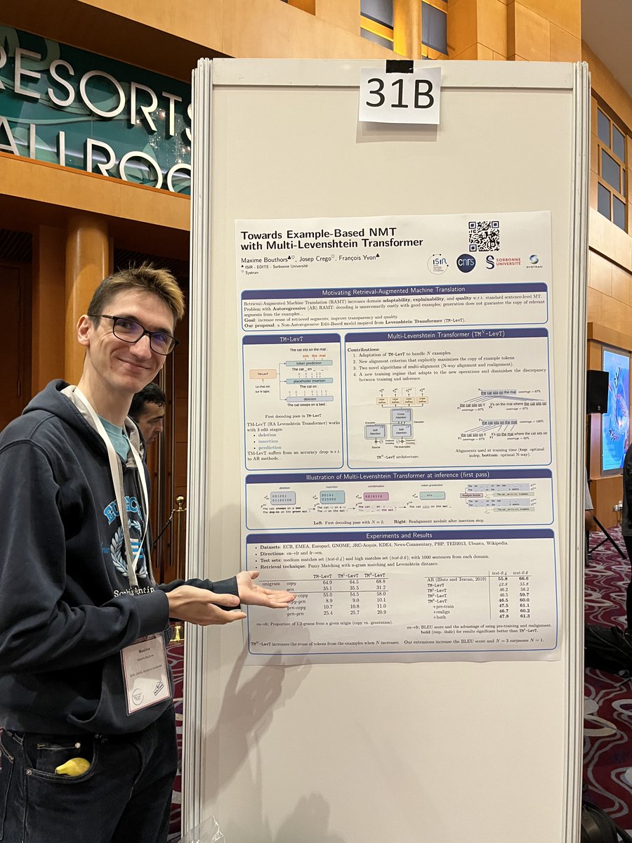 Maxime Bouthors has presented his poster 'Towards Example-Based NMT with Multi-Levenshtein Transformers' at @emnlpmeeting #EMNLP2023