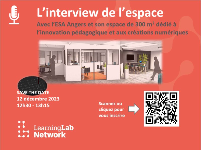 L'Interview de l’espace !
Rdv pour un nouvel épisode ! 

Découvrez un espace innovant et échangez avec l’équipe qui l’anime !

Mardi 12 décembre de 12h30 à 13h15, en direct de l'espace d'innovation pédagogique de l'ESA à Angers
Inscription &gt; lnkd.in/erhqCx-H