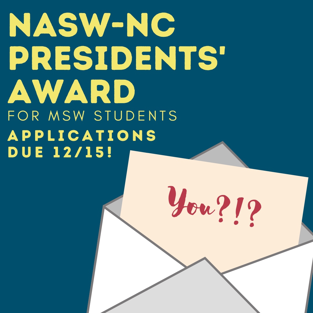 Just one week left to apply! Attention North Carolina MSW students who will be graduating this school year: The NASW-NC Presidents’ Award provides an award of $1,000 and two years of NASW membership! Applications due 12/15. More here: bit.ly/naswncprezaward #msw #naswnc