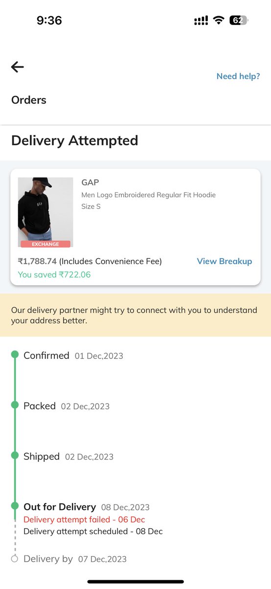 dev_sam_'s tweet photo. @AJIOLife I have placed an exchange request and few return request but from the last 4 times no one ever attempted to deliver or pickup the items but marked the order as delivery attempted every time. Can you please help expedite this as my return window is near closing. https://t.co/DnWEqT6See