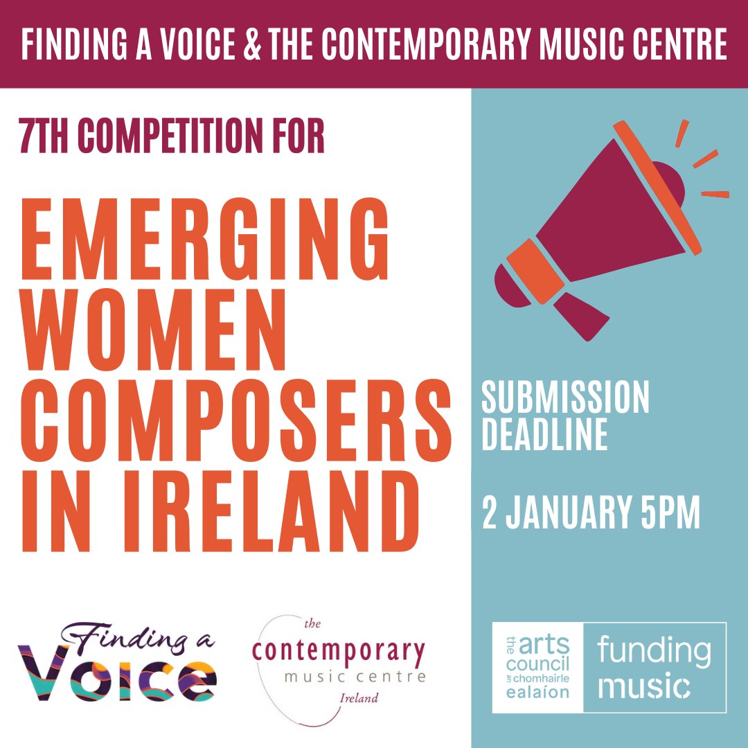 📣@FindingA_Voice_ & CMC announce details of the 7th composition competition for emerging women composers Open to women & gender minority emerging composers, born or based on the island of Ireland Submission closing date: 2 Jan '24 Find out more & apply🔗 cmc.ie/opportunities/…