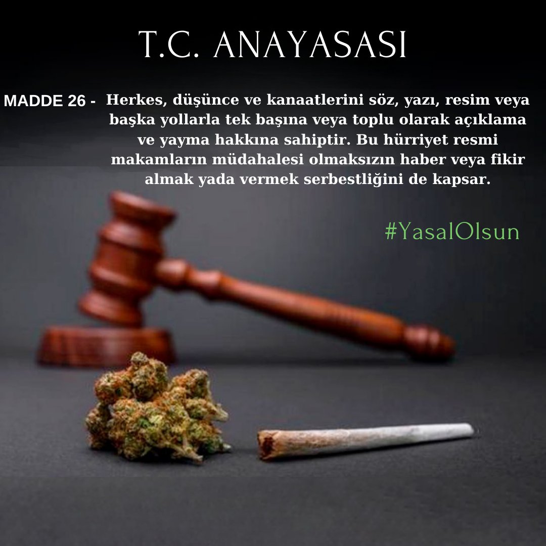 T.C. ANAYASASI: MADDE 26-Herkes, düşünce ve kanaatlerini söz, yazı, resim veya başka yollarla tek başına veya toplu olarak açıklama ve yayma hakkına sahiptir.Bu hürriyet resmî makamların müdahalesi olmaksızın haber veya fikir almak ya da vermek serbestliğini de kapsar.#YasalOlsun